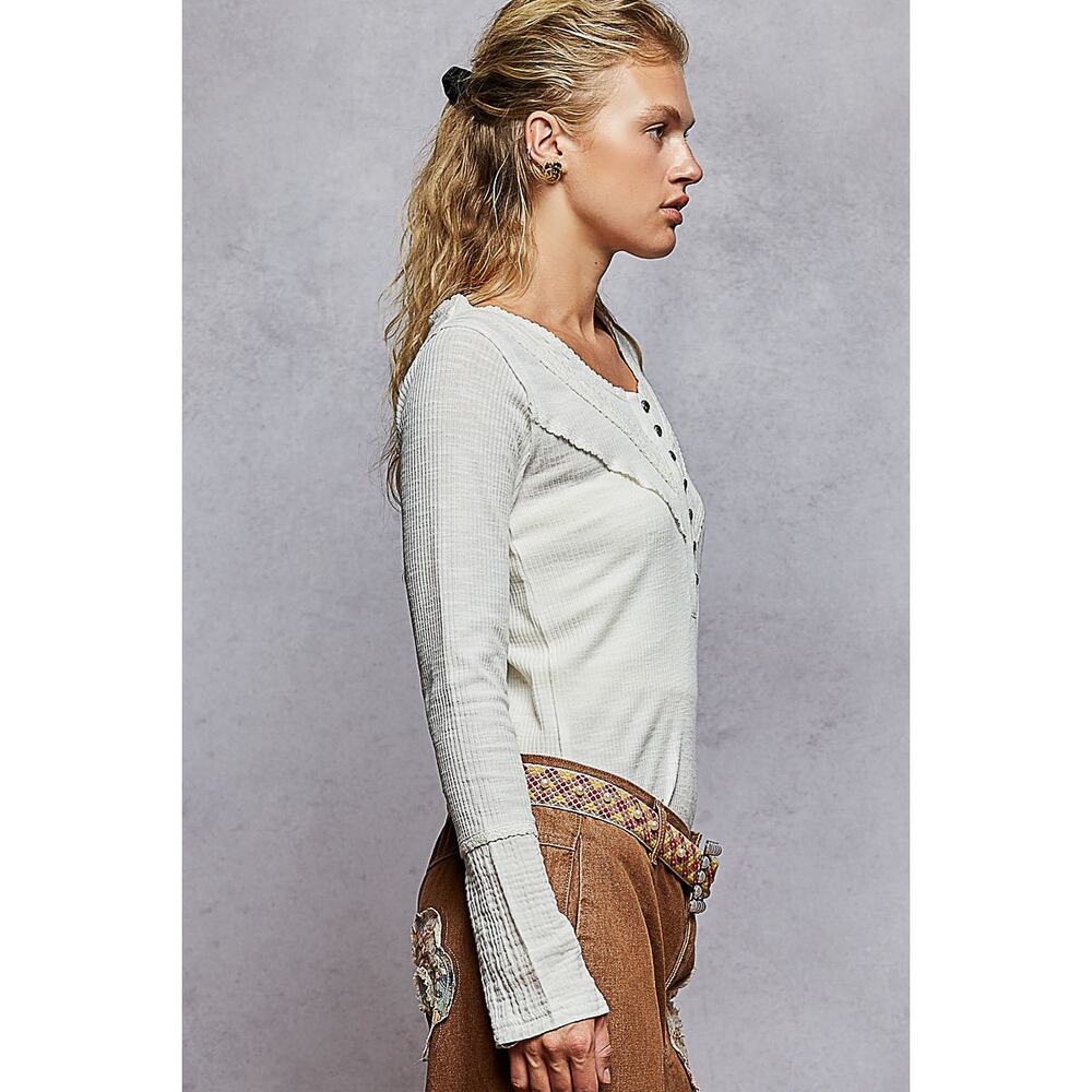 POL Half Button Lace Detail Long Sleeves Crew Neck Casual Rib Knit Top | Ivory - Picture 2 of 6